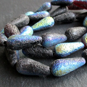 2 gocce di vetro Bohemian Sea 19 x 8 mm nero opaco Rainbow AB orecchini con gocce di vetro originali perline ceche effetto lava grassa