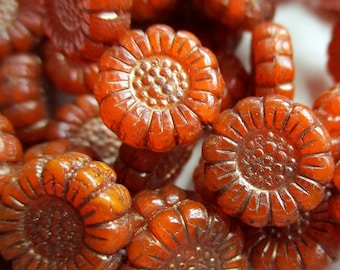 6 Bohemian glass beads Sunflower 13 mm burned orange opaline dark bronze wash original Czech beads glass flowers Boho Ibiza Hippie Festival