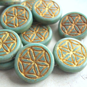 Mandala 2 esclusive perle di vetro di Boemia Fiore della Vita 18 mm verde tè Picasso finitura bronzo lavaggio perline ceche originali ornamento etno boho