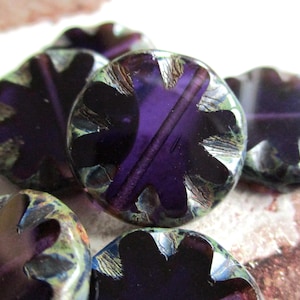 2 perline Sun Beads Monete 18 mm viola scuro trasparente Finitura Picasso Perline taglio tavolo esclusive perle di vetro di Boemia perle originali ceche