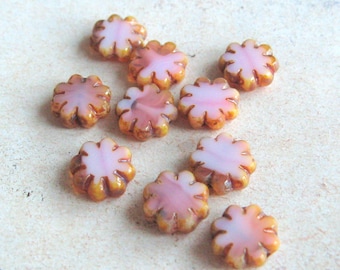 10 Bohemian glass flowers, 9 x 9 mm, pink marbled glass beads, glass flowers, original Czech beads, rose marbled, Picasso finish, table cut beads