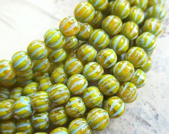 50 Bohemian glass beads, melons, 4 mm, curry yellow, marbled, opaque, light turquoise finish, original Czech beads, jewelry making, mini melons