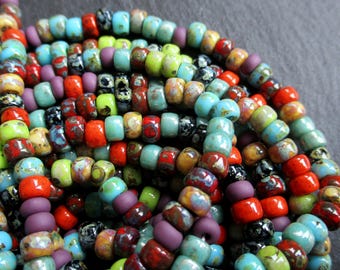 1 long strand 50 cm Rocailles 6/0 Miyuki Czech Seed Beads Mix Ancient Mosaic approx. 175 + beads turquoise purple brown red chartreuse black