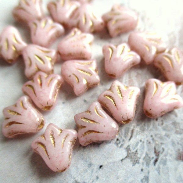 20 Czech glass beads Lilies 9 x 9 mm powder pink opaque antique gold finish original Czech beads glass flowers boho glass bead jewelry