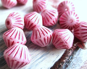 6 Bohemian glass beads bicone light pink opaque raspberry red metallic finish 11 mm original Czech beads ethnic bead jewelry