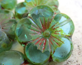 1 large Bohemian glass bead Flower Hawaii 21 mm aqua transparent reddish-brown Picasso finish glass flower original Czech Beads Table Cut Boho