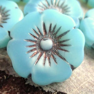Könnte beinhalten: Nahaufnahme mehrerer hellblauer blütenförmiger Perlen. Jede Perle hat eine detaillierte Mitte mit radialen Linien. Die Perlen haben eine matte Oberfläche und bestehen wahrscheinlich aus Glas oder einem ähnlichen Material. Das Gesamtthema ist floral und dekorativ.