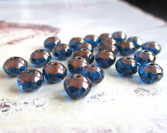 10 Böhmische Glasrondelle petrolblau transparent 5 x 7 mm Bronze Finish Donuts Rondelle original czech beads Glasschliffperlen dunkelblau