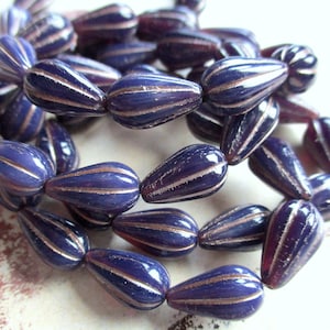 6 Bohemian Melon Drops 13 x 8 mm grooved deep purple opaline shiny Platinum Wash original czech beads glass drops