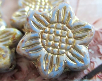 2 exclusive Bohemian glass beads Flower Star 18 mm off-white travertine blue spotted gold-colored patina glass flower original Czech beads Boho