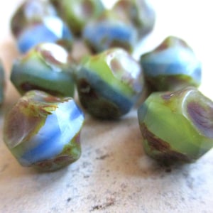 6 Bohemian Baroque Pearl Nuggets 9 mm lime green sky blue white milky marbled Picasso Finish original Czech glass beads Bohemian glass beads