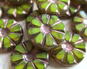 6 Bohemian glass beads Sunflower yellow-green opal 12 mm bronze finish table cut original Czech beads glass flowers Boho