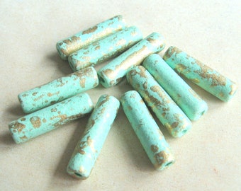 10 griechische Keramikperlen Röhren 20 x 5 mm mint golden spot Tubes Ethno Boho Festival Spacer hellgrün pastellgrün