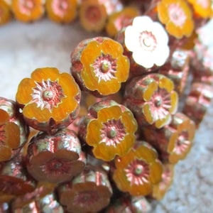 8 Bohemian glass beads Flower Hawaii 8 mm orange brown marbled opaque copper finish glass flowers original Czech Beads Table Cut Boho