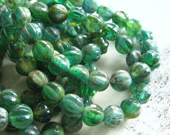 10 Perles de verre de Bohême Melons 8 mm Rainforest Picasso Finish Shades of Green Melons perles tchèques originales Ethno Boho Festival