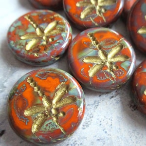 Dragonfly 2 esclusive perle di vetro ceche 17 mm arancione scuro finitura Picasso lavaggio dorato Perlina centrale libellula in rilievo perline ceche originali