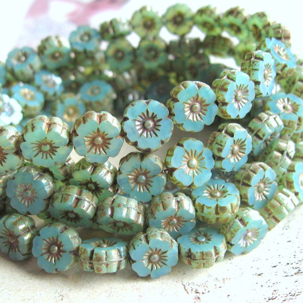 8 Bohemian Glass Beads Flower Hawaii 8 mm Aqua Green Opal Picasso Finish Glass Flowers Original Czech Beads Table Cut Beach Style Boho Ibiza