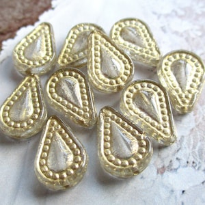 6 Bohemian Filigree Tear Drop Beads 14 x 10 mm crystal clear transparent gold-colored finish original czech beads glass drops Boho Style