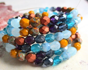Lot De 25 Perles Facettes Bohème 6 Mm Marbre Ciel - Preciosa, Fabrication Française
