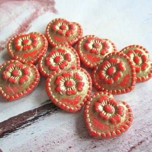 Cuore con rosa 2 esclusive perle di vetro di Boemia 17 x 17 mm finitura oro rosso perle ceche originali Oktoberfest Boho nostalgico