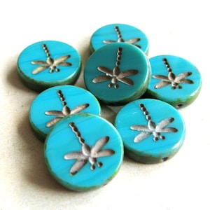 Libellula 2 esclusive perle di vetro di Boemia da 17 mm, turchese scuro opaco, finitura Picasso, perle ceche originali tagliate a tavolo con libellula