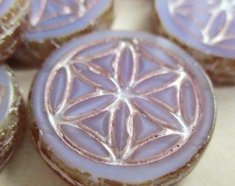 Mandala 2 exclusive Bohemian glass beads Flower of Life 19 x 5 mm lavender opal silvery light beige finish ornament ethnic boho