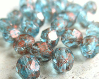 25 Bohemian faceted glass beads, aqua transparent copper finish, 6 mm, original Czech beads, watercolor