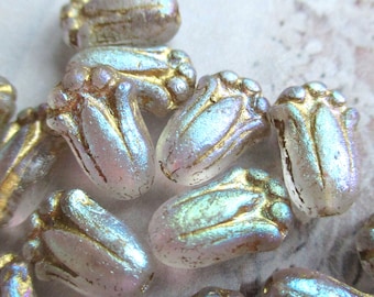 10 Böhmische Glasperlen Tulips 12 x 8 mm kristallklar etched Finish Gold Wash AB original czech beads Glasblumen Boho Glasperlenschmuck