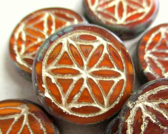 Mandala 2 exclusive Bohemian glass beads Flower of Life 19 x 5 mm brick red burned orange Picasso finish gold wash original Czech beads