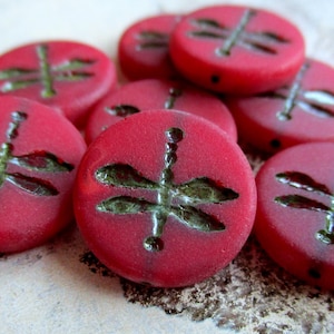Libellula 2 esclusive perle di vetro di Boemia 17 mm rosso sangue velluto opaco finitura Picasso libellula perle ceche originali