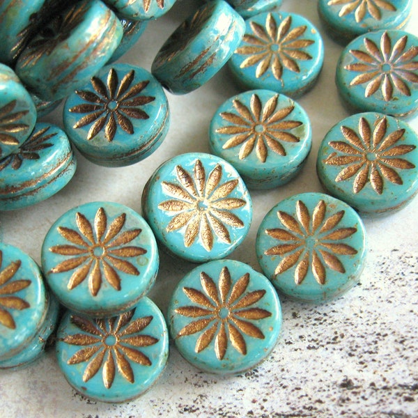 Pièce de 5 perles de verre tchèque avec fleur d'aster 12 mm turquoise vert opaque finition bronze antique perles tchèques originales Coin Ethno Boho