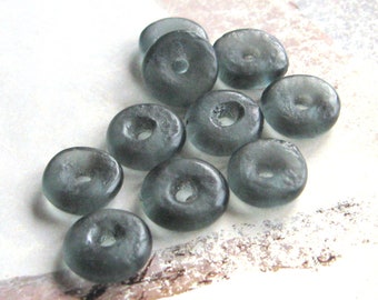 10 recycled glass beads, discs approx. 10-12 mm, anthracite, dark grey, Ghano Krobo Beads, African glass discs, ethnic jewelry