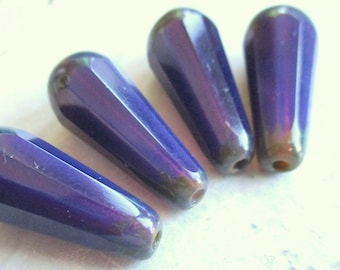 4 Böhmische Faceted Drops 20 x 9 mm dark purple opal Picasso Finish original czech beads große geschliffene Glastropfen Ohrschmuck