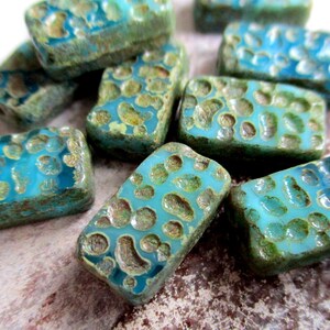 2 perle di vetro ceche 16 x 9 mm Rettangolo Tavolo Taglio verde acqua turchese acqua rustica finitura Picasso perline ceche originali Ethno Amzonas