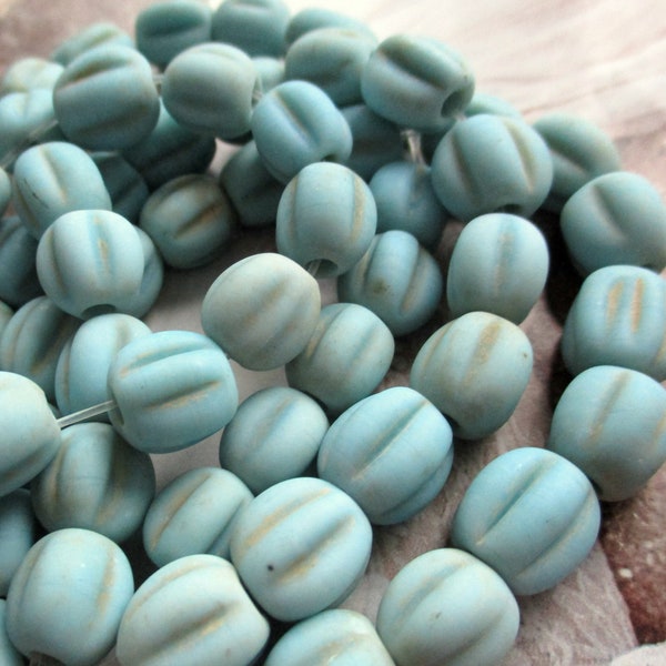 6 Lampwork Glass Beads Indonesia light blue opaque melons antique finish 9 - 10.5 mm ethnic jewelry ethnic style boho