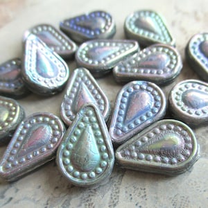 6 Boheemse Filigrain Tear Drop Kralen 14 x 10 mm transparant paars-groen-blauw Vitrail coating originele Tsjechische kralen glasdruppels Boho stijl