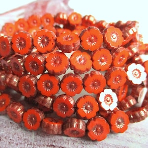 8 Bohemian glass beads Flower Hawaii 8 mm deep orange opaque bronze finish glass flowers original czech Beads Table Cut Boho