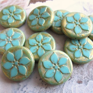 Fiore 2 esclusive perle di vetro ceche 18 mm turchese verde finitura oro opaco Taglio da tavolo perline ceche originali Hawaii Hippie Boho Festival