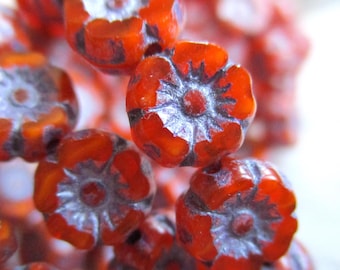 12 Bohemian glass beads Flower Hawaii 7 mm orange opaline mix purple metallic finish glass flowers original czech Beads Table Cut Boho
