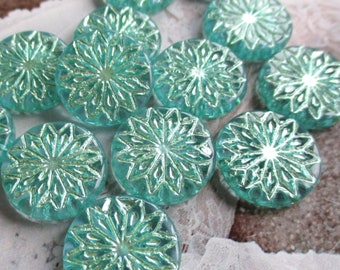 Mandala 2 perles de verre de Bohême exclusives 18 mm vert aqua transparent vert menthe finition métallique perles tchèques originales ornement boho