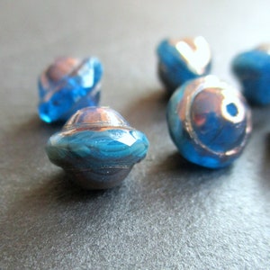 6 Böhmische Saturn Beads 8 x 10 mm teal blue capri blue Bronze Finish original czech beads facettiert fire polished Glasschliffperlen