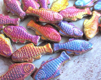 4 exclusive Böhmische Glasperlen Fische 25 x 12 mm Farbmix Rainbow gelb rot blau orange Vitrail Finish beidseitig Sea Life Glasfische