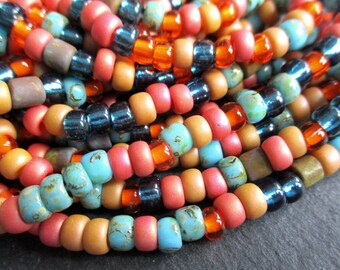 1 langer Strang 50 cm Rocailles 6/0 Miyuki Seed Beads Picasso Bugle Beads Mix Sunset ca. 170 Perlen türkisblau orange zirkonblau rot beige