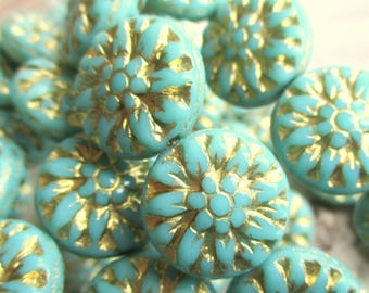 4 exclusive Bohemian glass beads Dahlia 15 mm light turquoise green opaque Gold Wash glass flower Boho Style