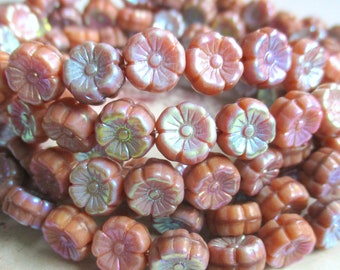 10 Bohemian glass beads, Flower Hawaii, 8 mm, vintage rose, opaque, subtly iridescent, AB glass flowers, original Czech beads, pressed beads, boho