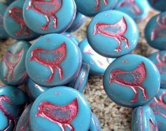 5 Bohemian glass beads, coin with bird, 12 mm, turquoise blue, opaque, glossy, pink wash, original Czech beads, Coin, Ethno, Boho