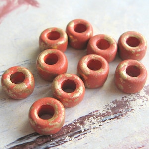 10 Greek ceramic beads 9 x 5 mm brick red golden spot large hole beads ethnic boho festival for leather cord spacer brick red rust red