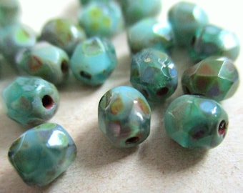 25 Bohemian faceted glass beads, 4 mm, aqua green, turquoise, opaque, transparent, Picasso finish, original Czech beads, faceted glass beads, mini beads