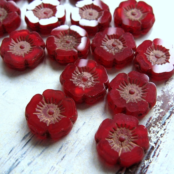 4 perles en verre de Bohême Fleur Hawaii opale rouge sang 12 mm Finition Picasso Table Cut perles tchèques originales fleurs en verre