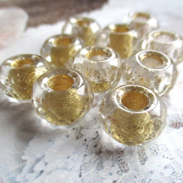 6 Böhmische Glasperlen Tire Rondelles 12 x 8 mm kristall transparent goldfarbenes Finish original czech beads Großlochperlen